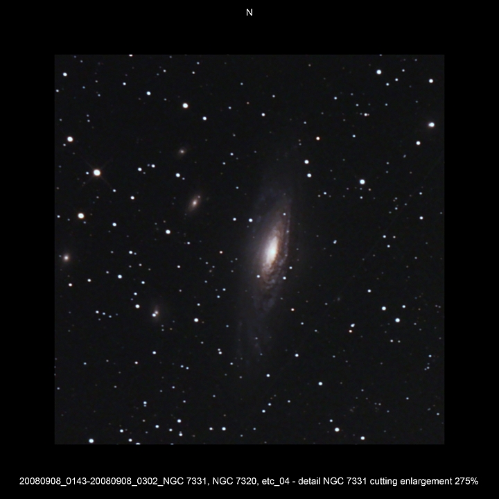 20080908_0143-20080908_0302_NGC 7331, NGC 7320, etc_04 - detail NGC 7331 275pc.JPG -  Peg Newton d 309,5 / af 1623 & Coma Corrector CANON-EOS5D (AFC-Filter) 800 ASA no add. filter 6 light-frames 360s, auto dark, 5 flat, 10 bias Guidemaster, DSS, Canon-RAW-Image, Adobe-PS-CS3  
